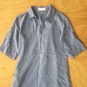 Side Stitch Blue Collared Top With Sleeve Roll Tab